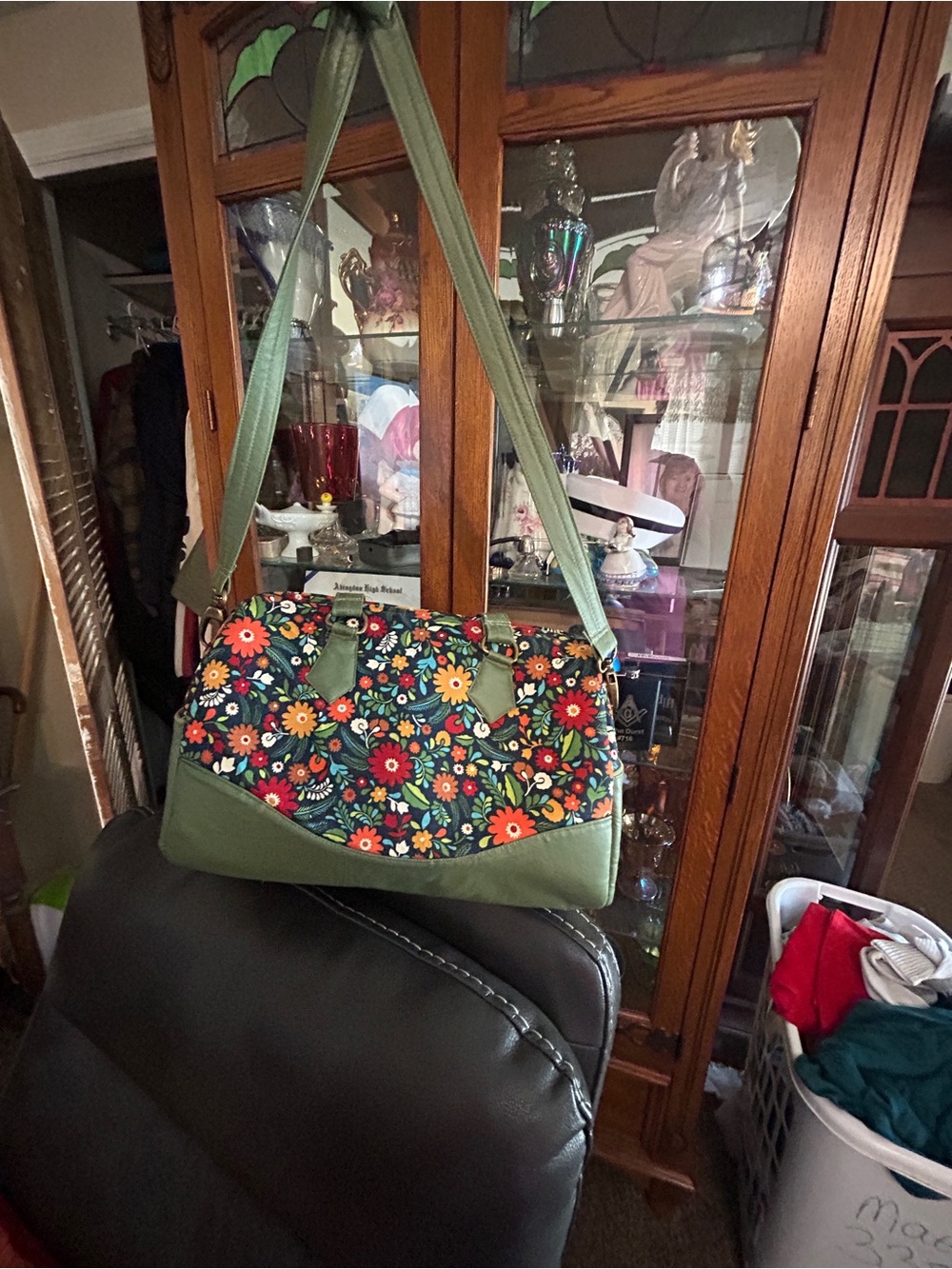 Handmade Floral Shoulder Bag – Olive Green & Navy Multicolor Boho Purse - Picture 9 of 14